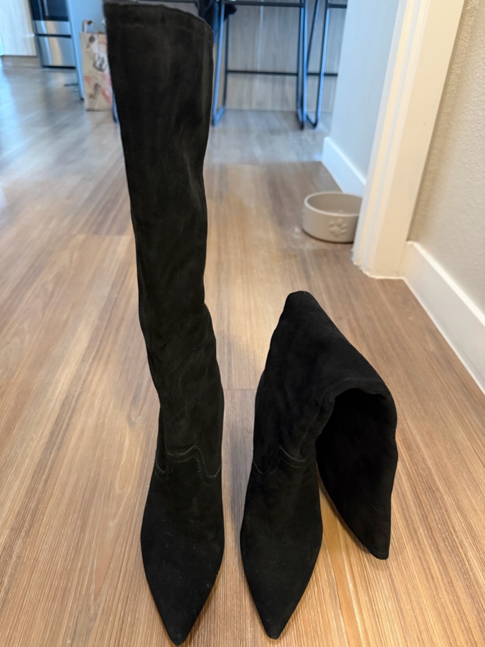 Women's Black Suede Pointed-Toe Knee-High Boots